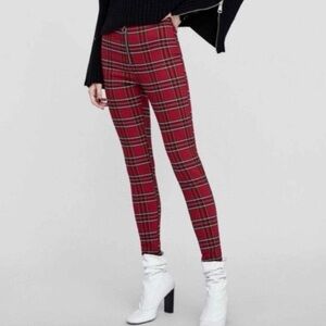 Red Plaid High-Waist Skinny Pants